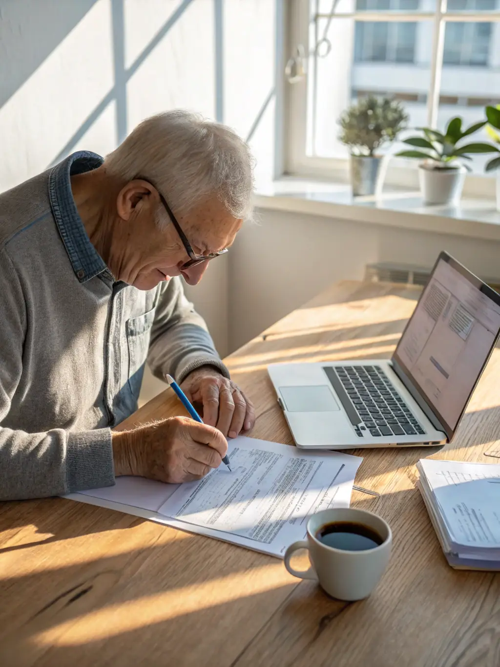 A senior man completing a worksheet on downsizing his home, representing practical tools for transitioning to a new living space.