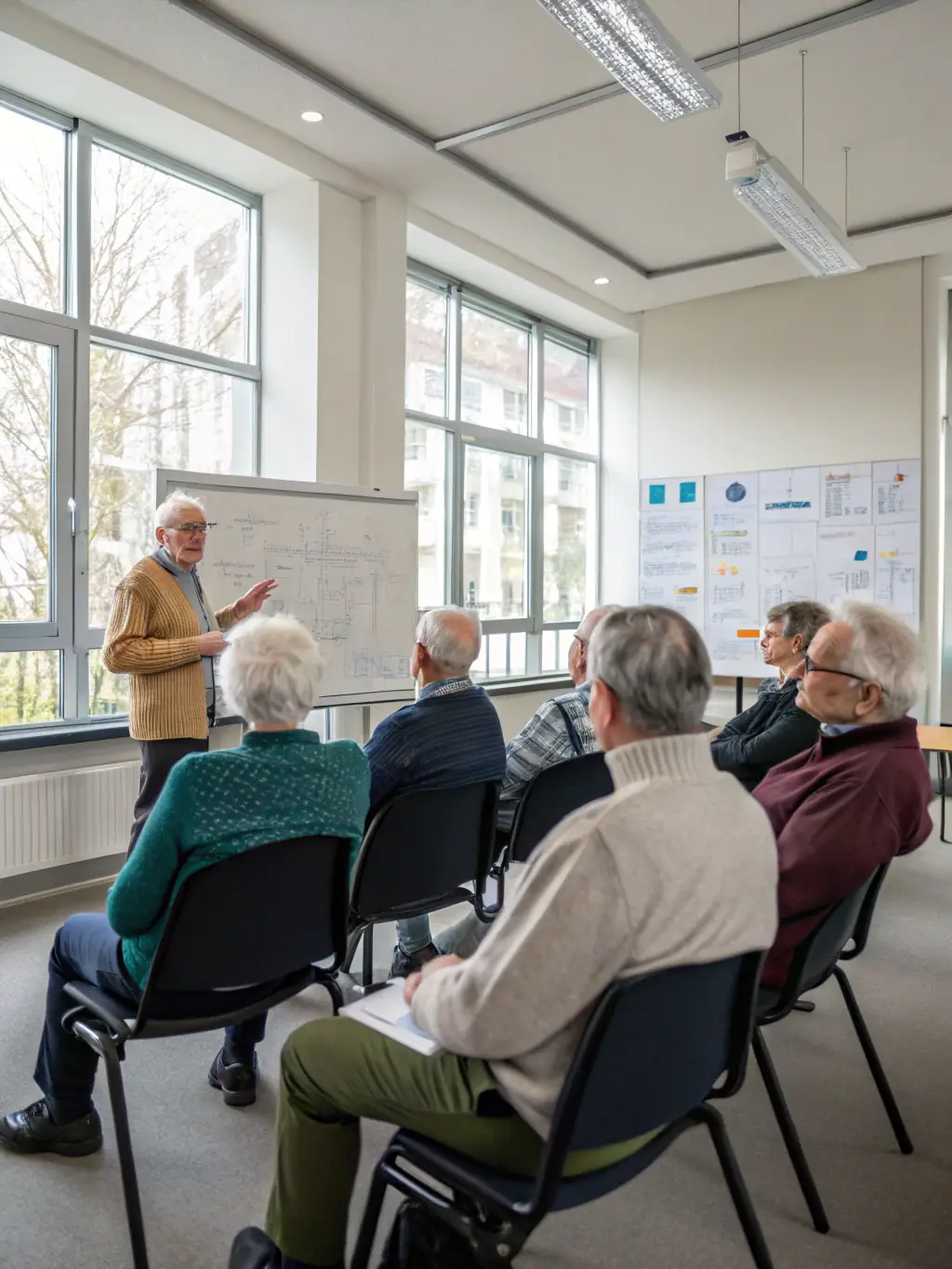 A group of seniors happily attending a seminar on financial planning for retirement, symbolizing educational resources.