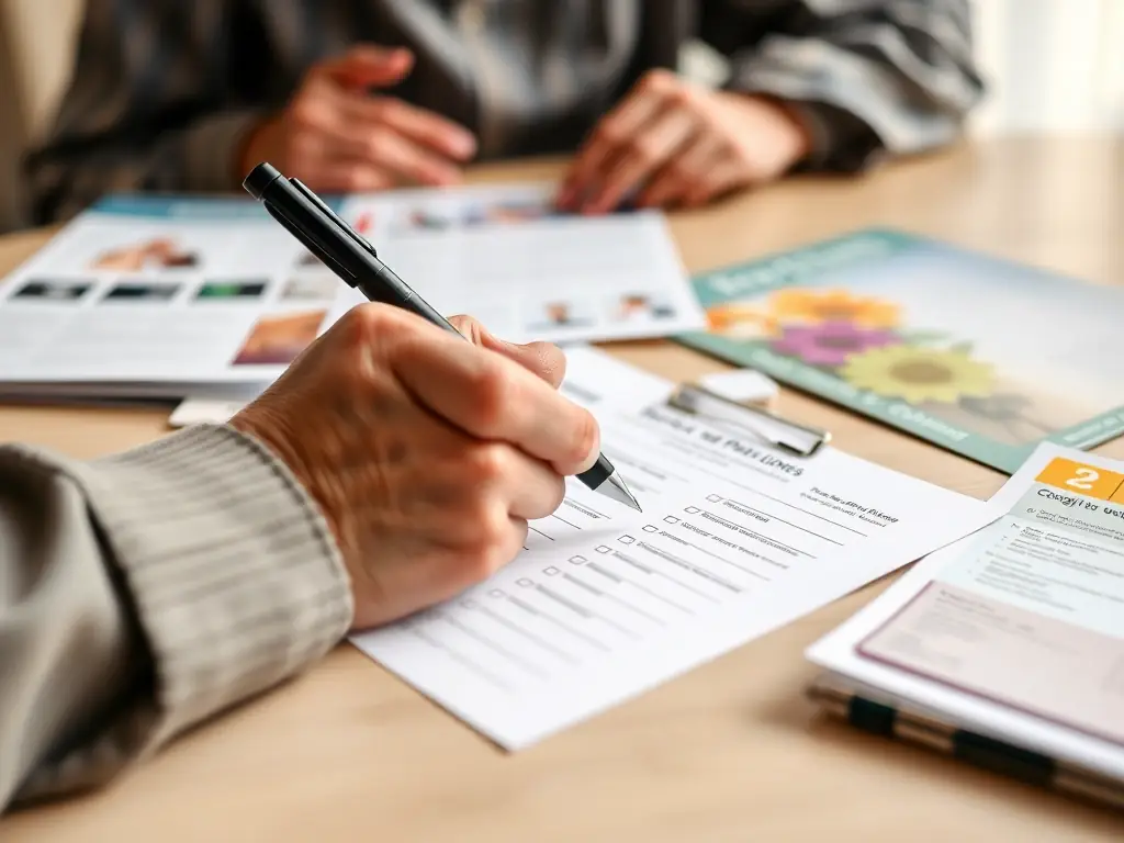 A hand filling out a worksheet with a pen, with various senior living brochures and documents spread out on a table.
