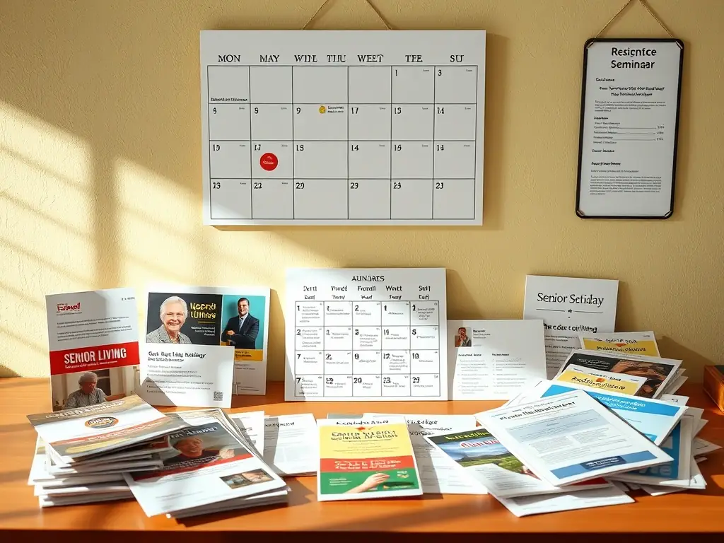 A calendar with a highlighted date, surrounded by brochures and information packets about senior living seminars.