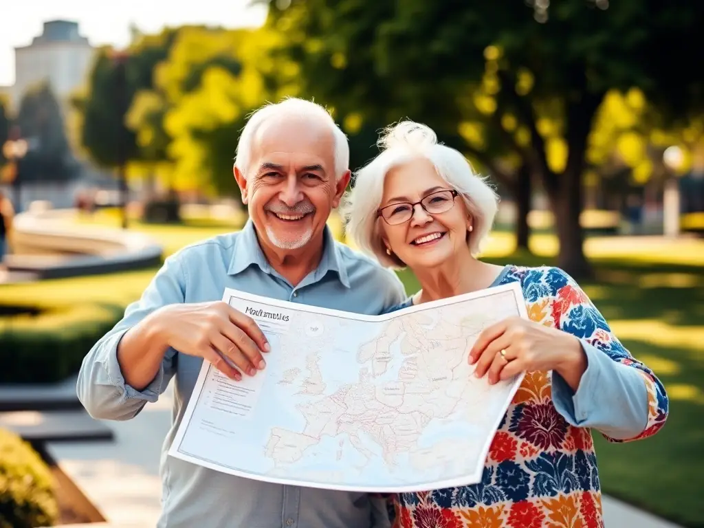 A senior couple happily looking at a map together, planning their relocation to a new city, symbolizing the excitement and possibilities of moving.