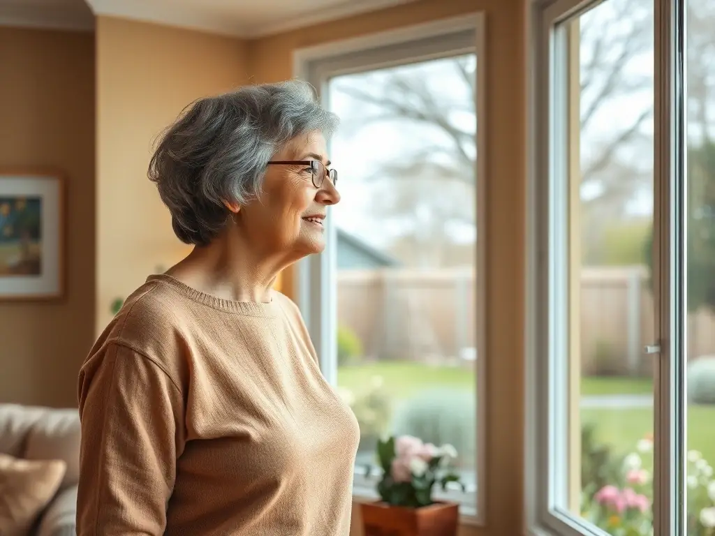 A senior woman looking thoughtfully out of a window, contemplating the emotional aspects of moving and leaving behind familiar surroundings.