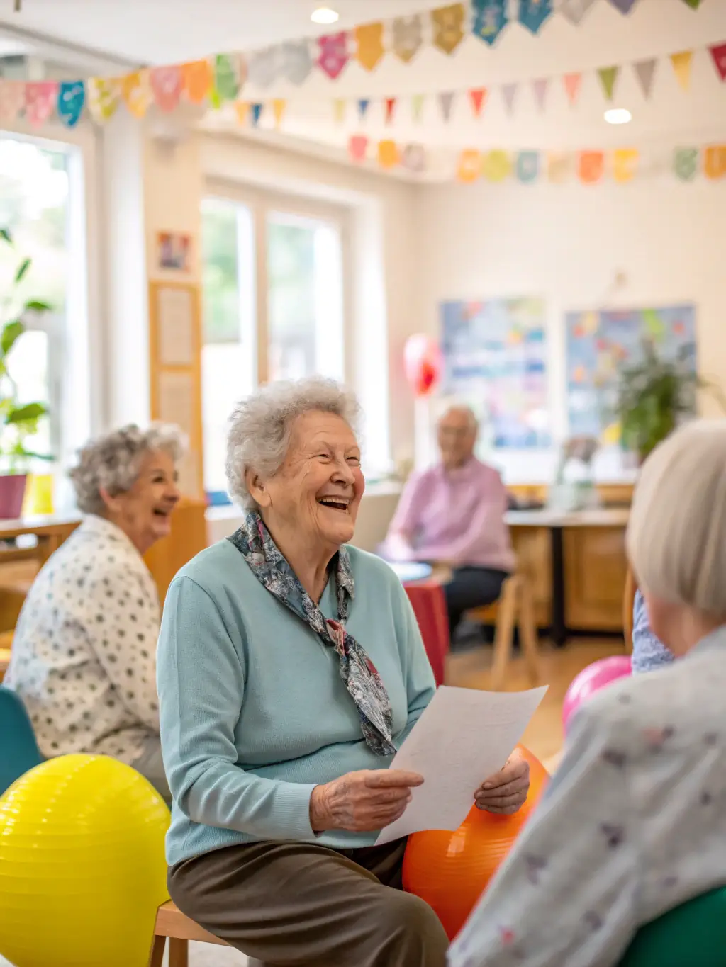 A warm and inviting image of an assisted living facility, featuring a common area where residents are engaged in a group activity, highlighting the supportive environment.