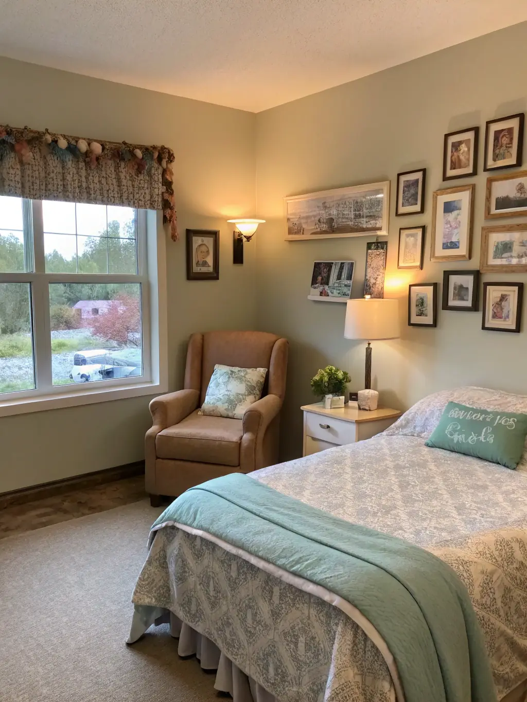 A serene and peaceful photo of a memory care unit, showing a calming environment with specialized activities designed for residents with cognitive impairments.