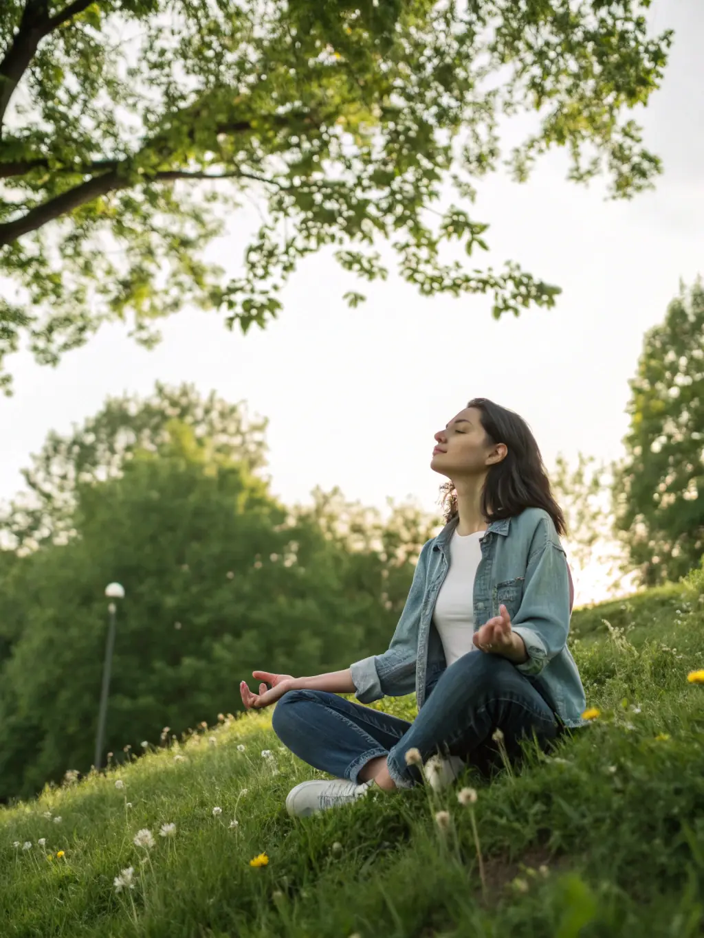 A serene image of a senior woman participating in a guided meditation session, representing mental wellness resources for seniors.