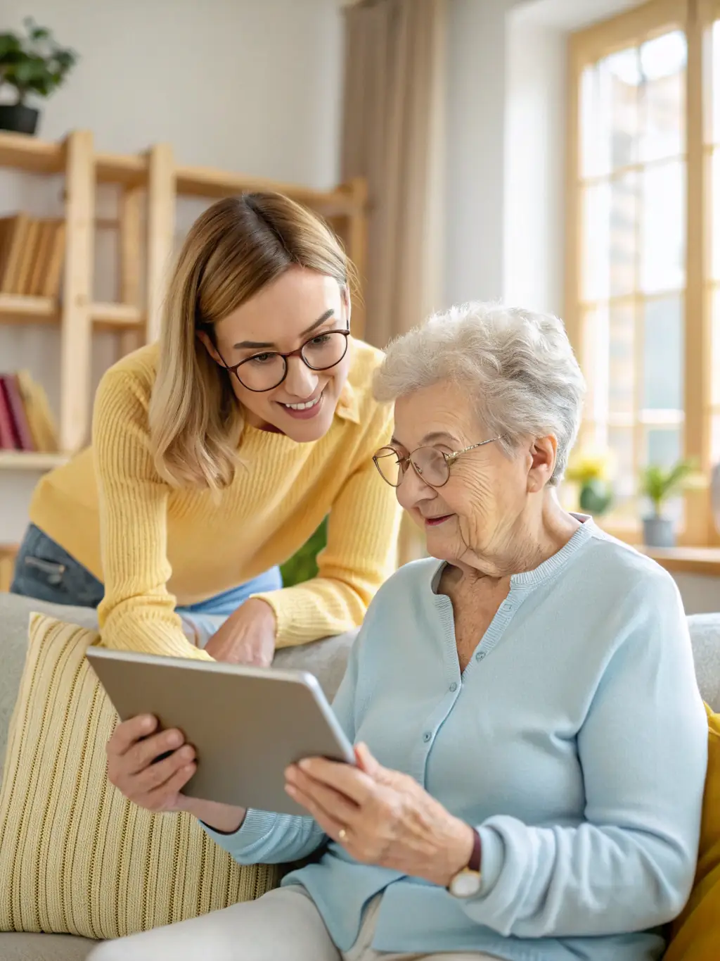A senior woman confidently using a tablet to manage her finances, with a serene smile, showcasing the ease and accessibility of modern financial tools.