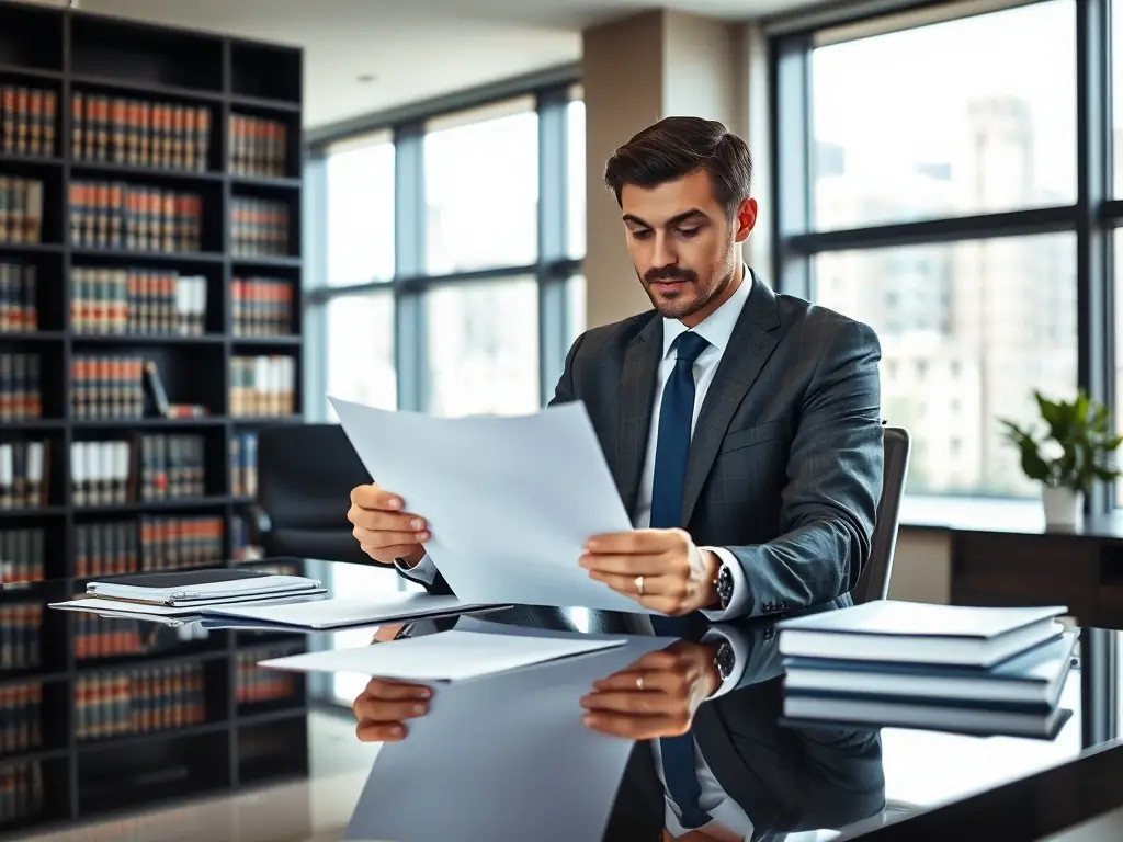 A lawyer sitting at a desk, reviewing legal documents related to senior relocation, emphasizing the importance of legal considerations.