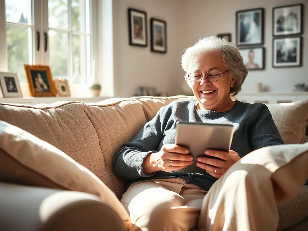 A senior woman smiling and watching a video blog on a tablet, with a cup of tea on the table next to her, in a cozy living room setting.