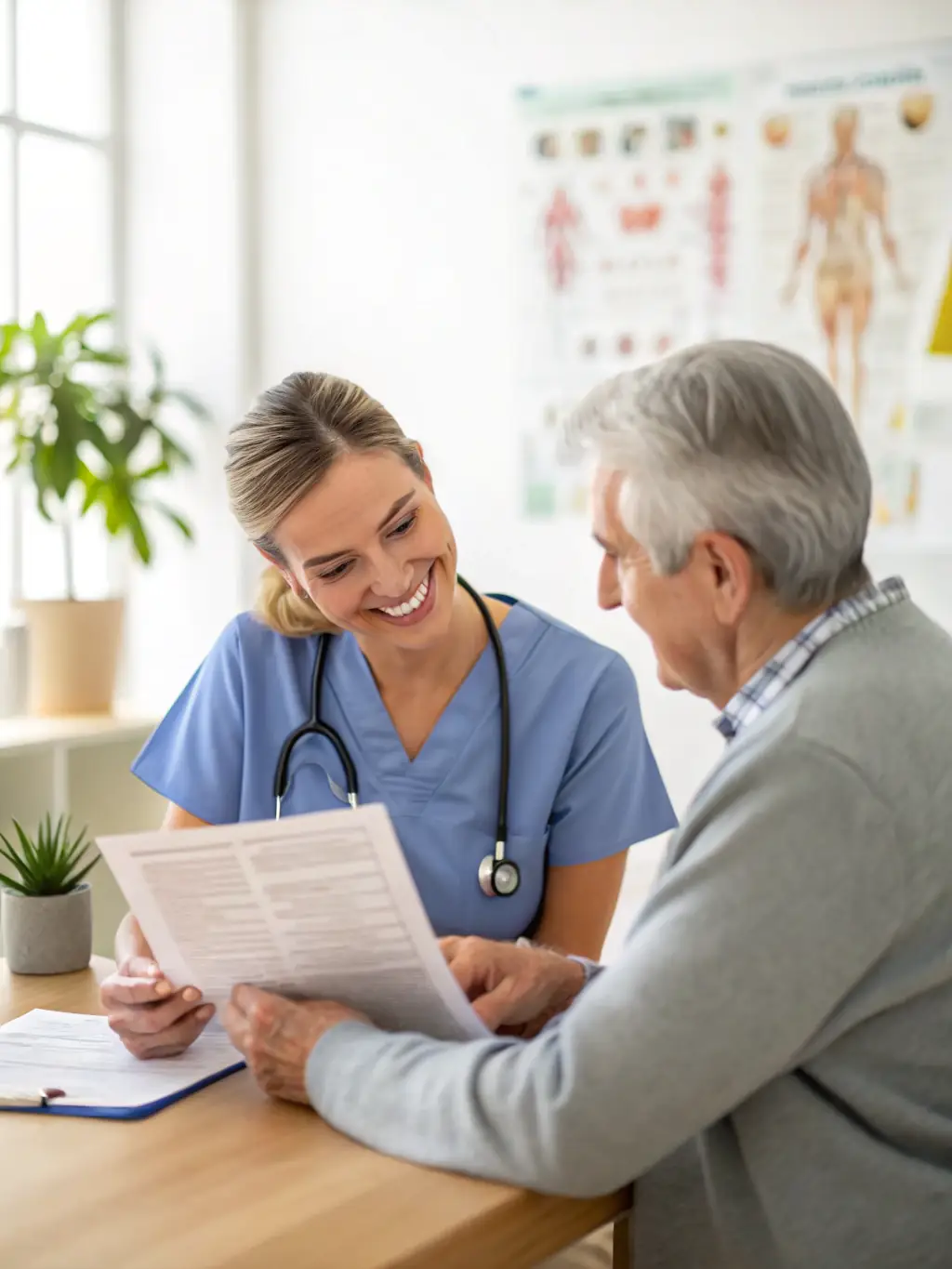 A caring nurse is shown consulting with a senior resident in a skilled nursing facility, emphasizing medical care and rehabilitation services.