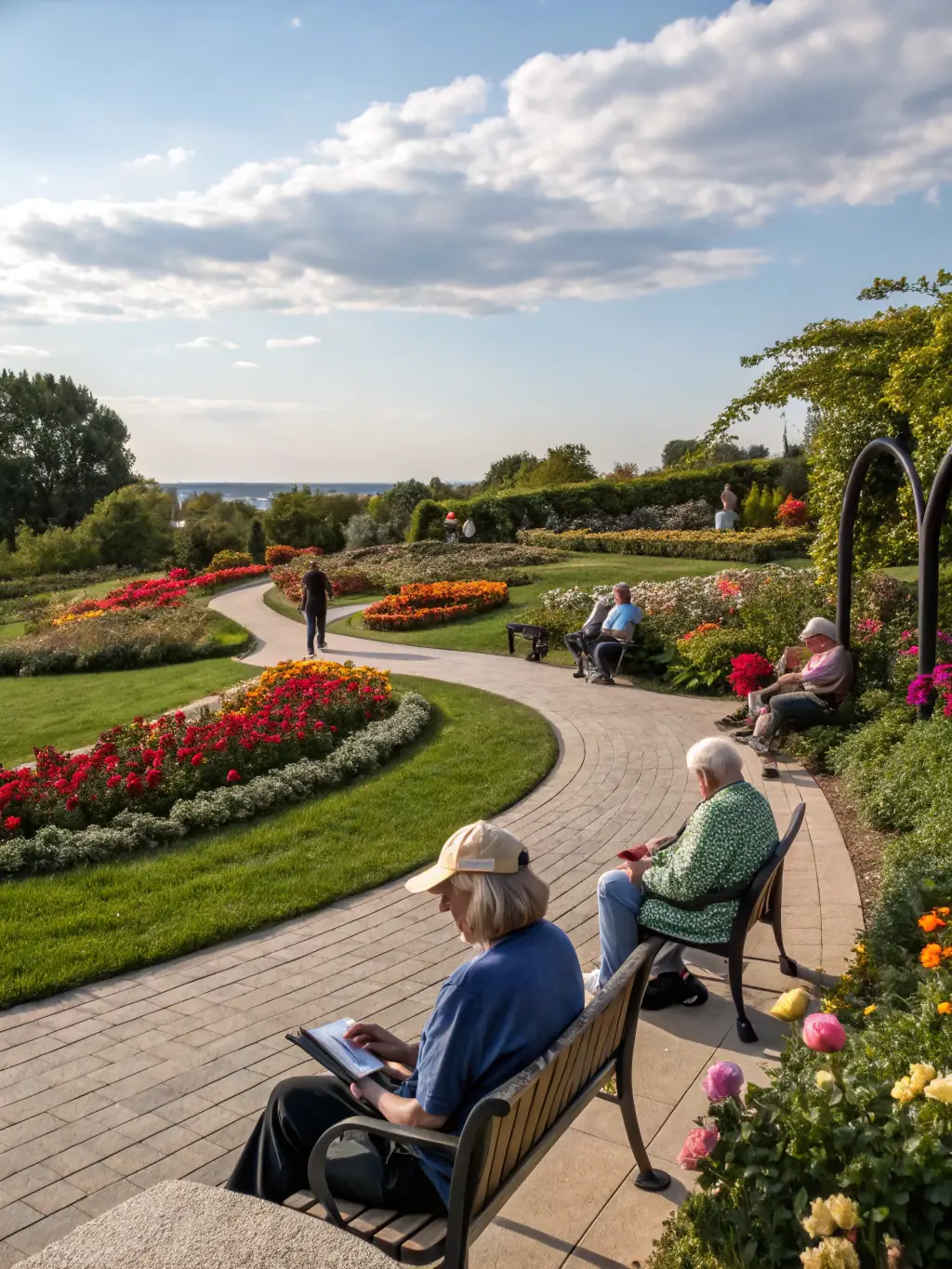 An exterior shot of a vibrant independent living community with well-maintained gardens and walking paths, emphasizing an active and independent lifestyle.