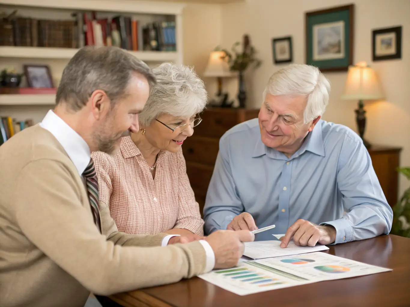 A senior couple is meeting with a financial advisor in a bright, modern office. They are reviewing documents and discussing retirement plans, with a focus on downsizing finances.