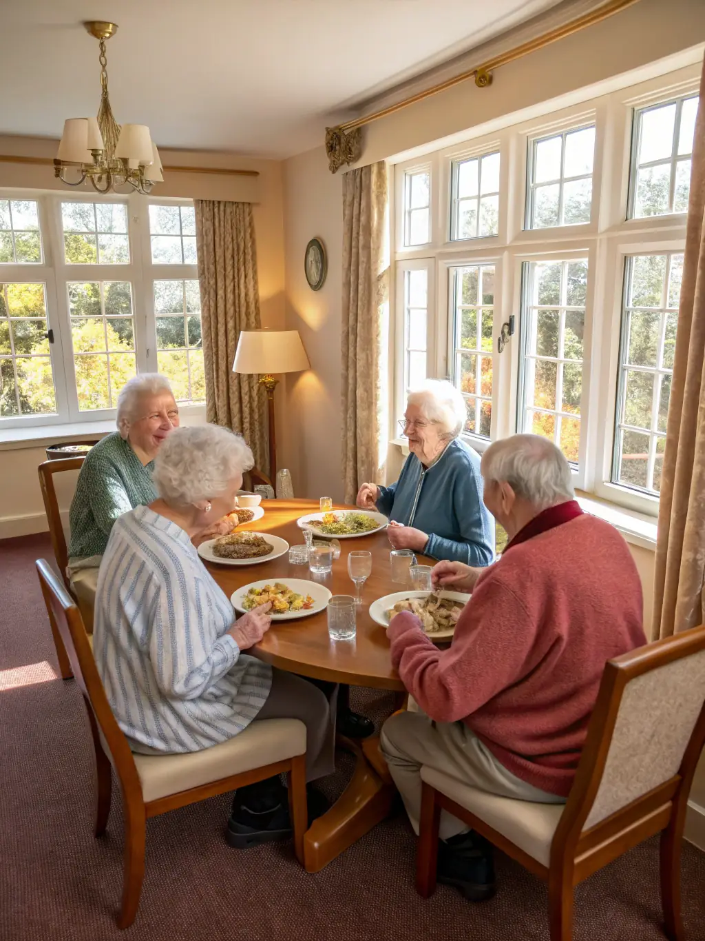 A brightly lit, modern assisted living facility dining room with seniors enjoying a meal together, showcasing a supportive and social environment.