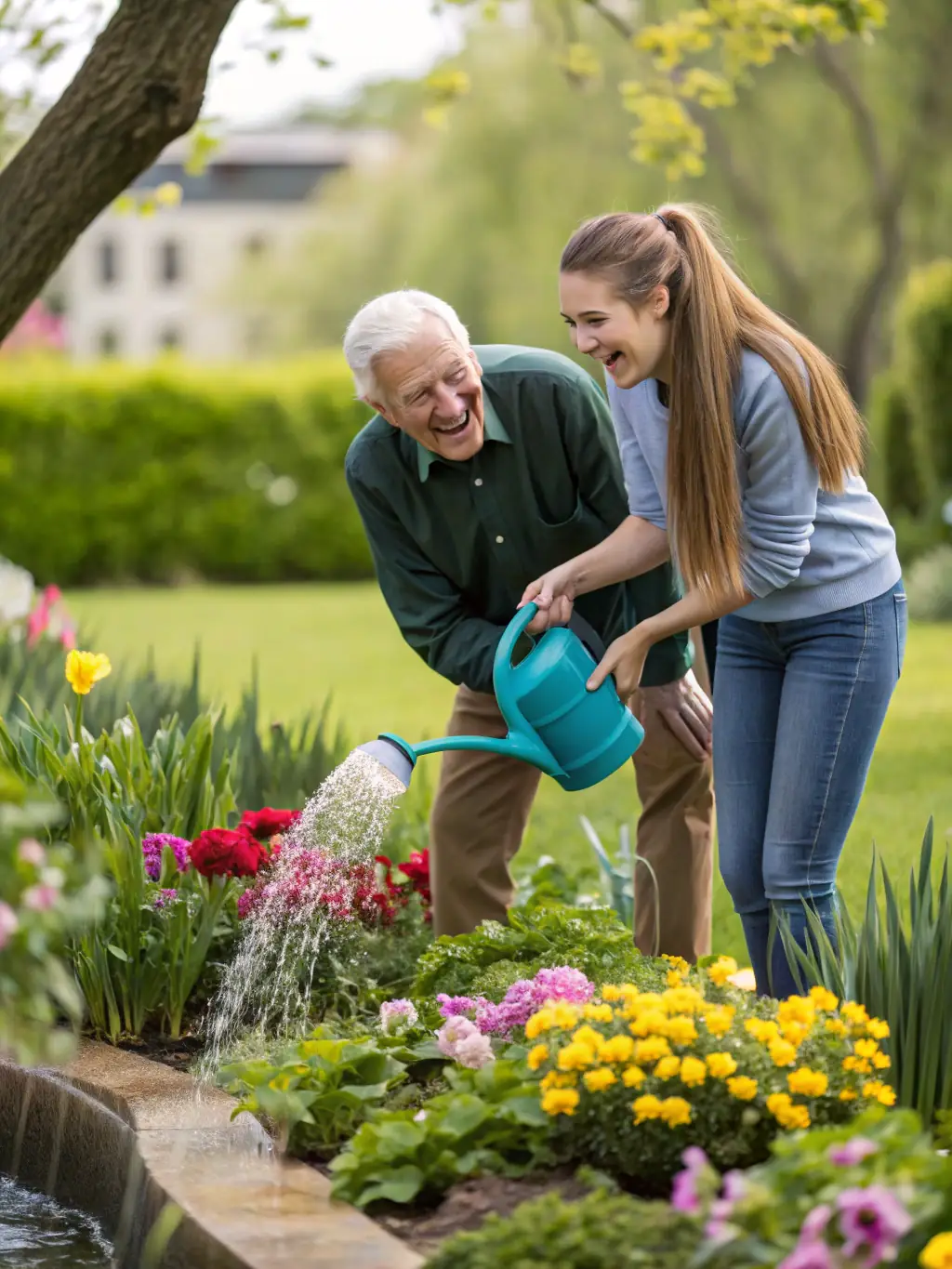 A senior couple happily tending to a small garden plot in a community garden setting, highlighting the opportunity for hobbies and outdoor activities.