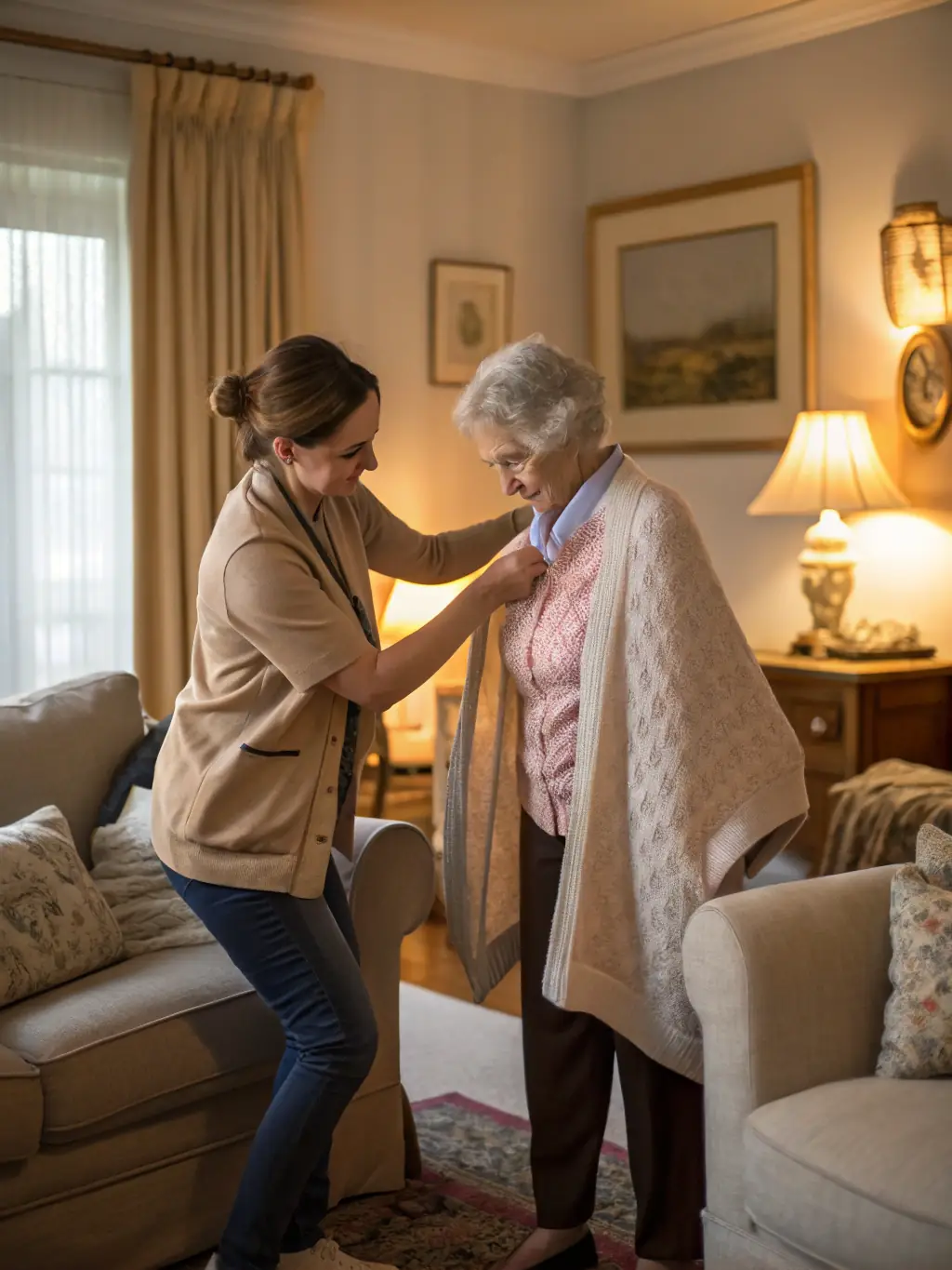 A warm, inviting image of a senior resident receiving assistance from a caregiver in an assisted living facility, showcasing personalized care.