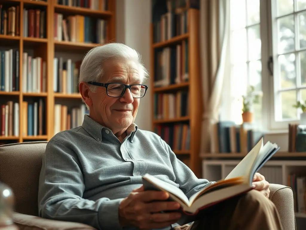 A modern, well-lit independent living apartment with a senior woman smiling and reading a book by the window, showcasing a comfortable and active lifestyle.