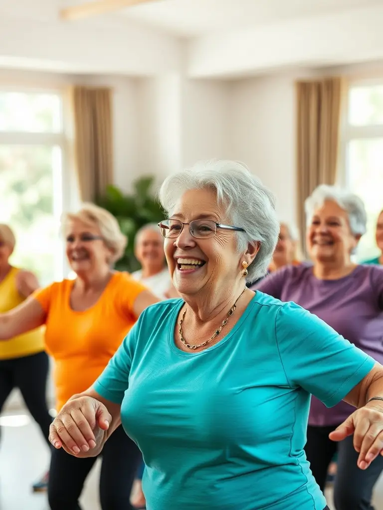 A senior woman smiling and participating in a group exercise class at a retirement community, showcasing an active and engaging lifestyle.