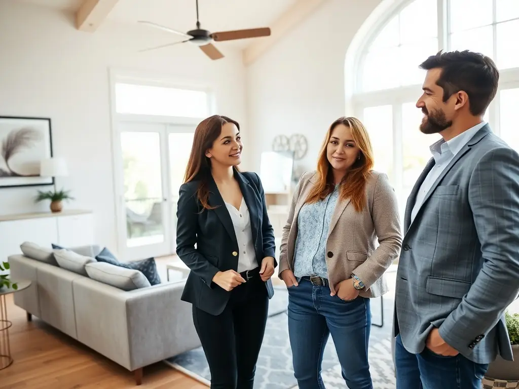 A real estate agent is showing a senior a smaller, well-maintained home. The agent is pointing out features of the property, and the senior is smiling and engaged.