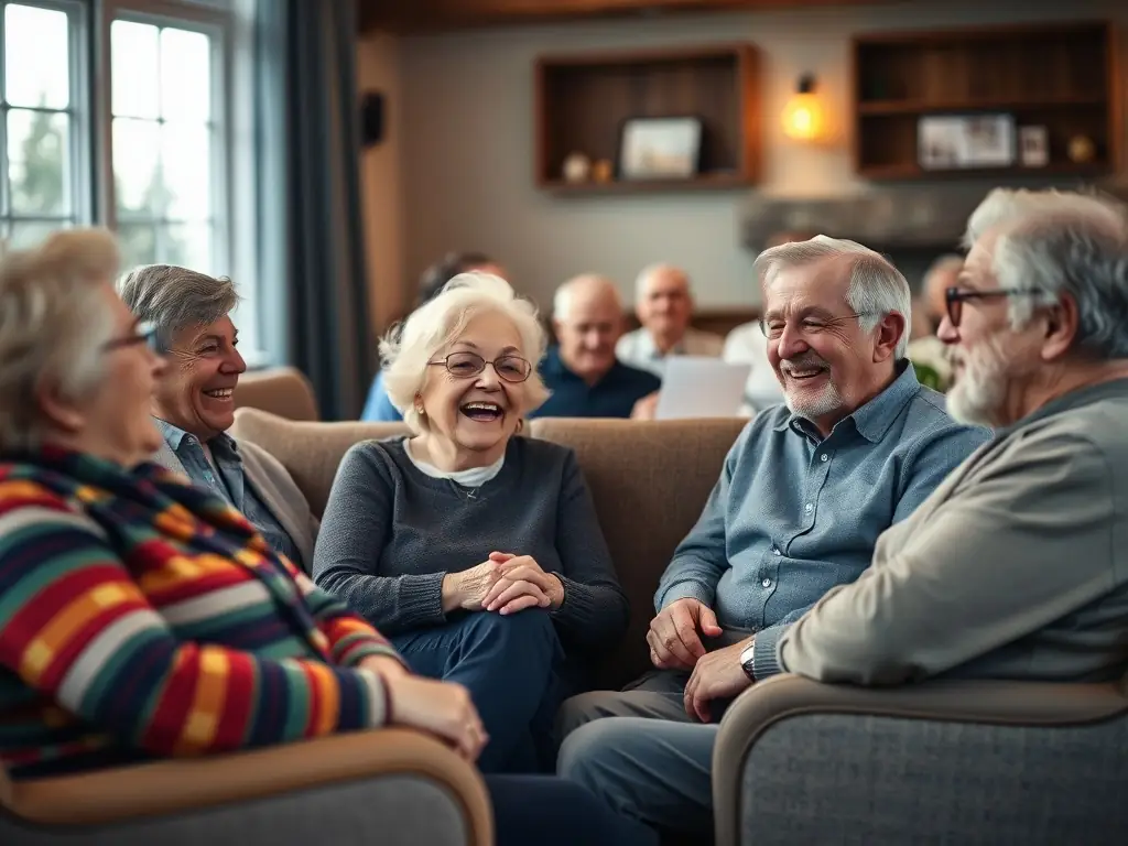 A group of seniors is gathered in a comfortable setting, sharing stories and supporting each other. The atmosphere is warm and encouraging, with a facilitator leading the discussion.
