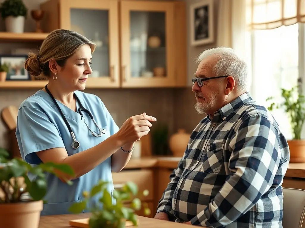 A cozy assisted living facility with a caregiver assisting a senior man with his medication, emphasizing personalized care and support.