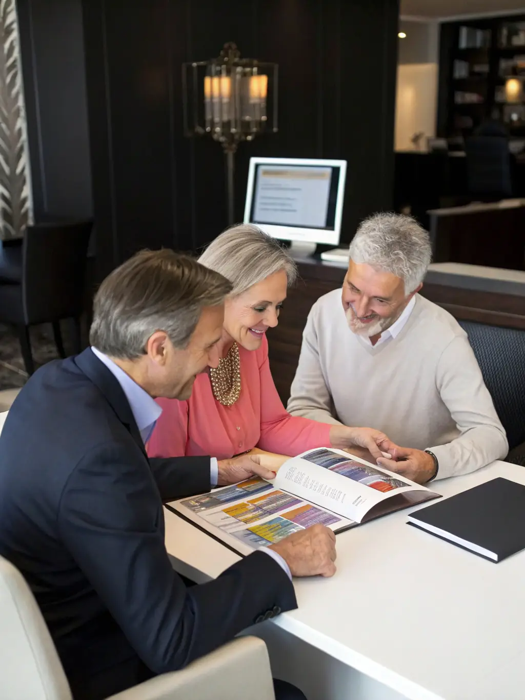 A senior couple sitting at a table, reviewing financial documents with a financial advisor in a bright, modern office setting. The atmosphere is calm and reassuring, emphasizing trust and expertise.
