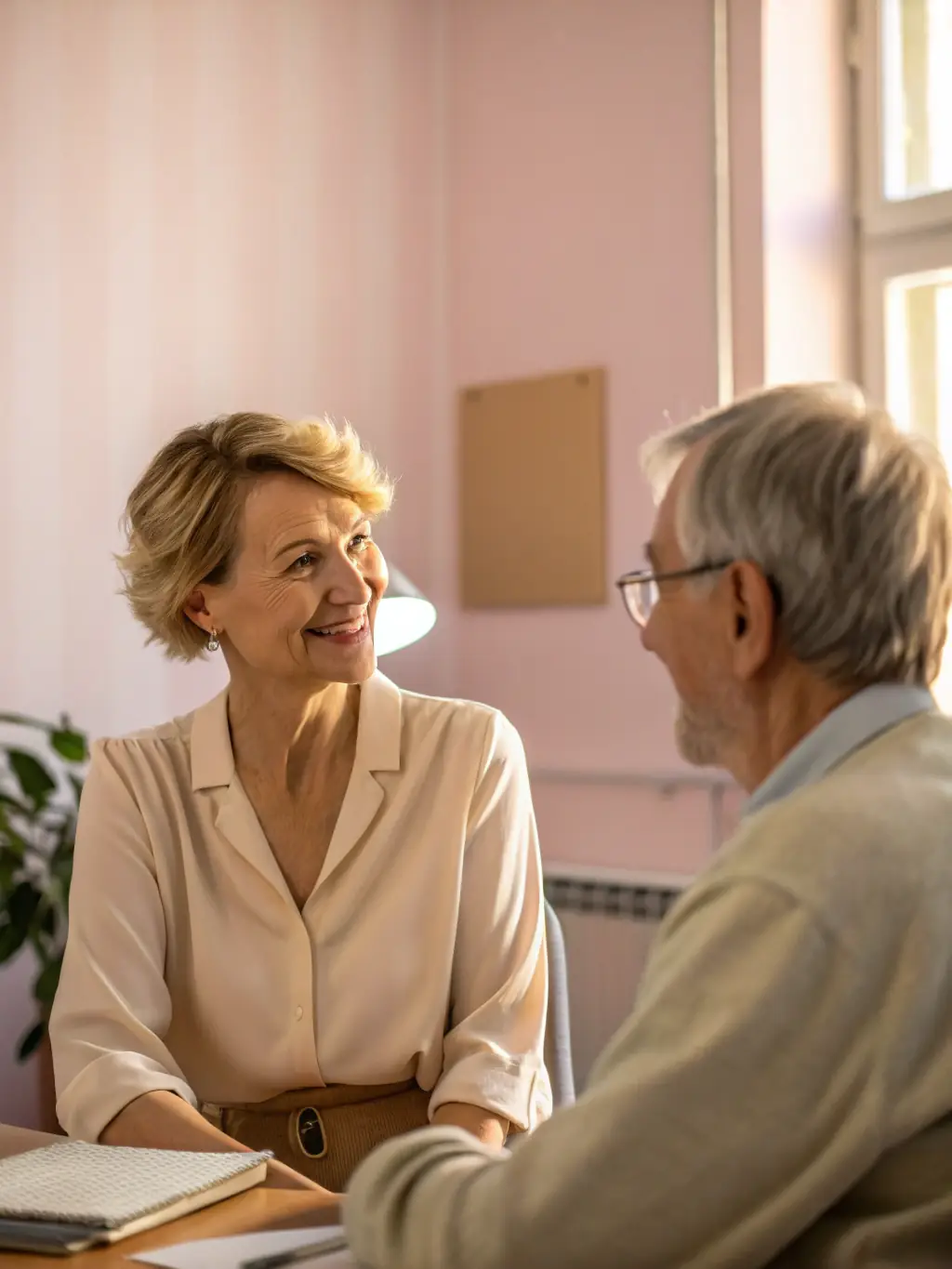 A friendly consultant assisting a senior couple with paperwork related to senior living options, emphasizing personalized guidance.
