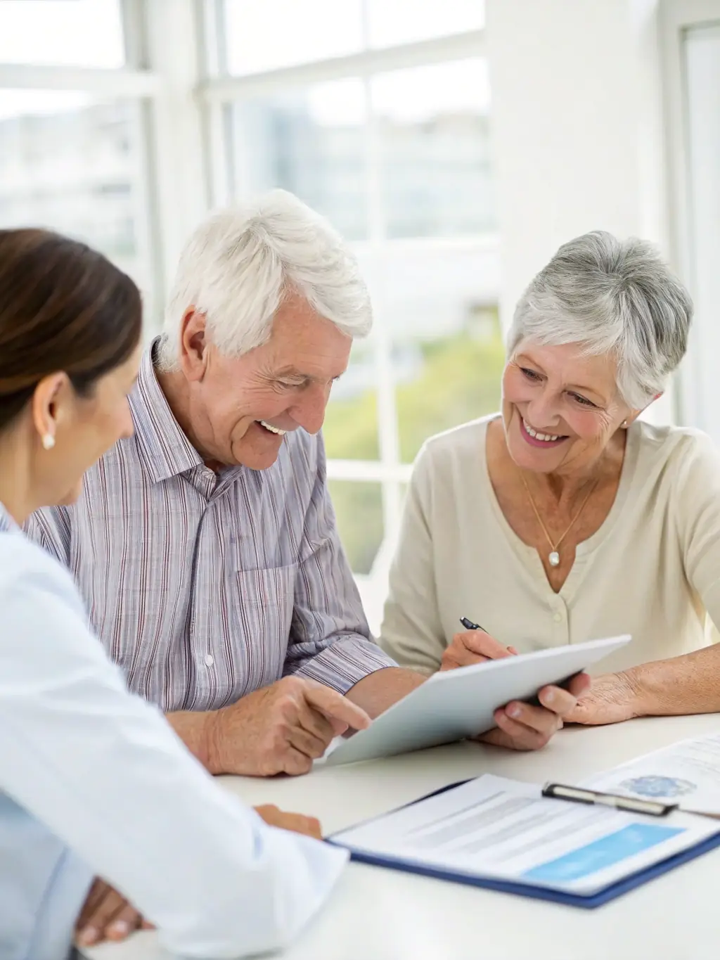 A cozy living room scene with a senior man and woman discussing their financial goals with a friendly advisor, emphasizing personalized financial advice.